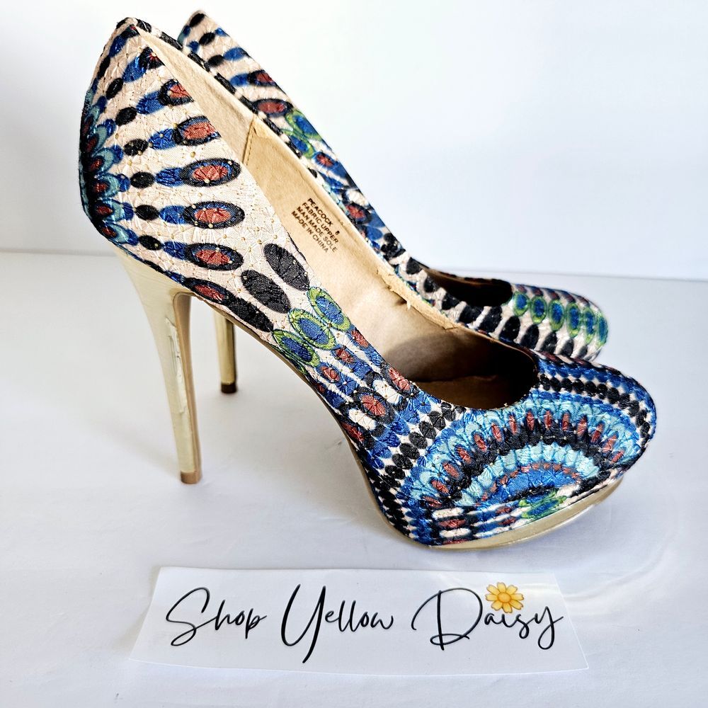 ZIGI Girl Blue Multicolor Stiletto Gold Trim Round Toe Pump Heels Sz 8 - Sh353.1